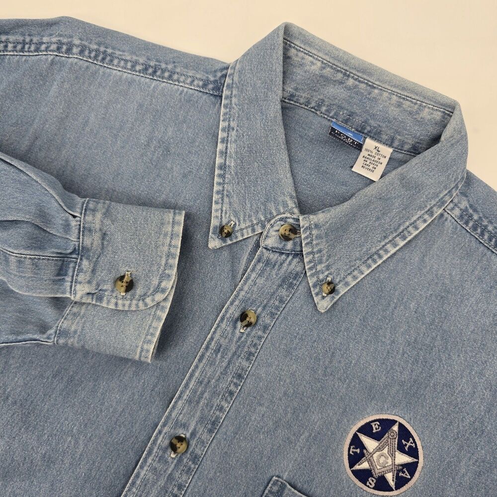 Free Masons Masonic G Compass Texas Denim Long Sleeve Shirt Mens XL - Picture 2 of 8
